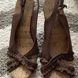 Brown open toe wedges